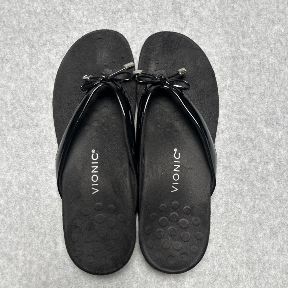 VIONIC BELLA THONG SANDALS BLACK PATENT WOMENS SIZE 11‎ BLACK SHINY BOW